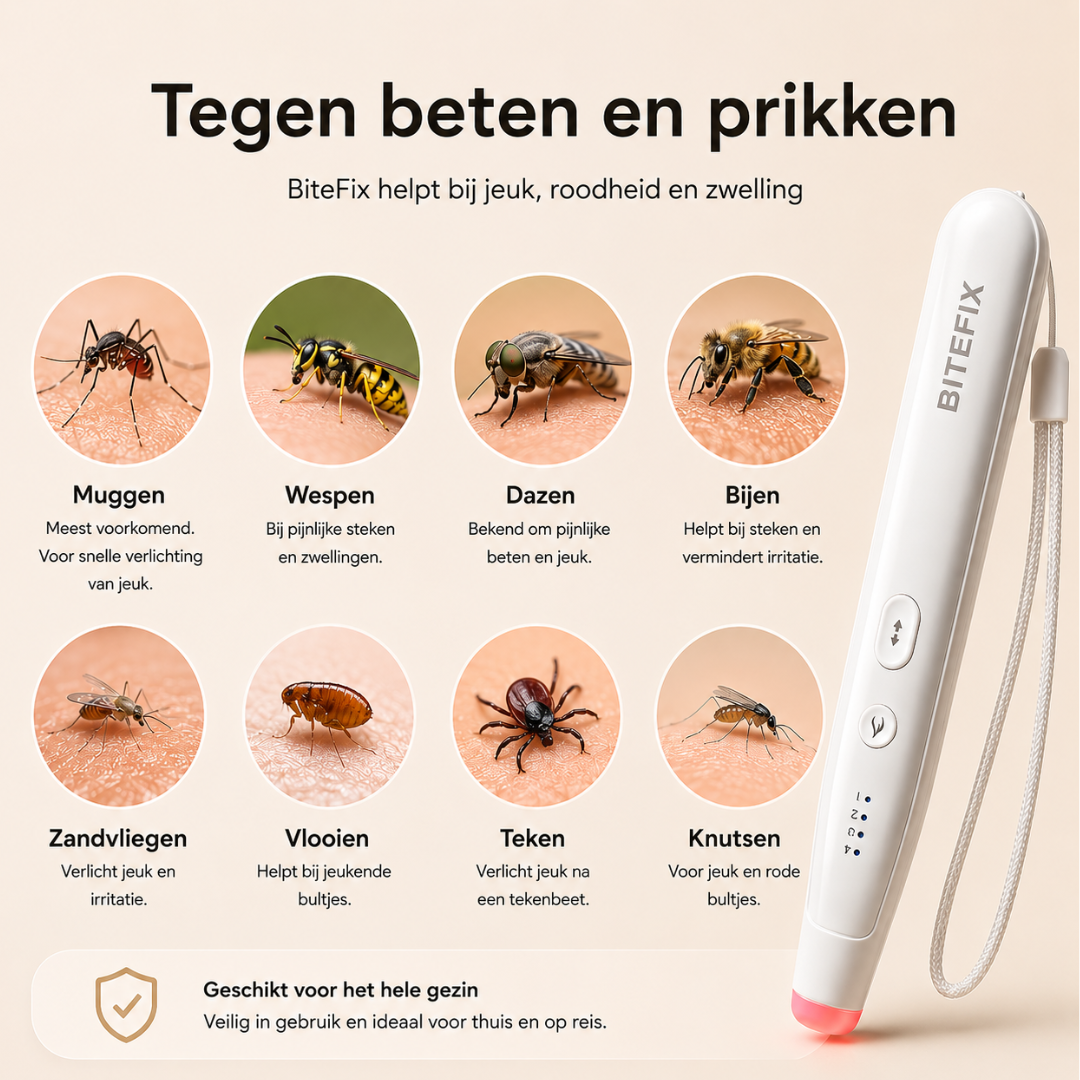 BiteFix werkt tegen muggen, wespen, dazen, bijen, zandvliegen, vlooien, teken en knutsen